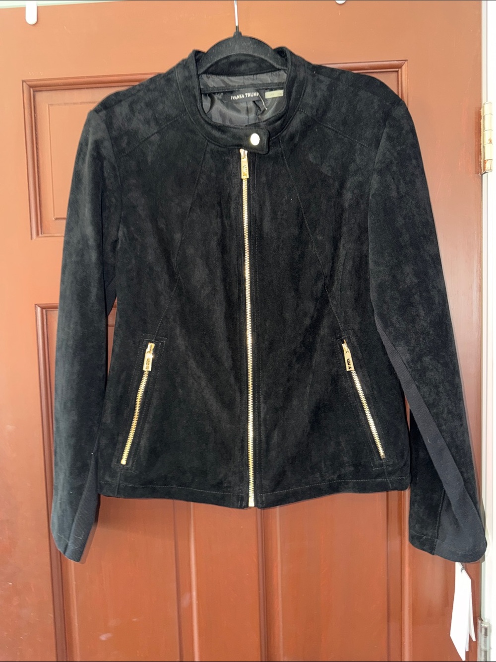 Ivanka Trump Black Suede Zip-Front Jacket with Gold Hardware